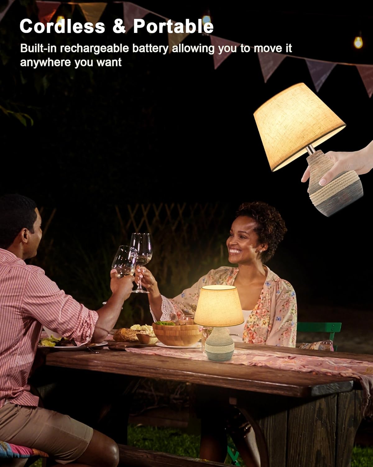 UMEXUS 10" Small Ceramic Cordless Table Lamp, Rechargeable Battery, Coastal | Timer, Dimmer, Linen Shade, Remote