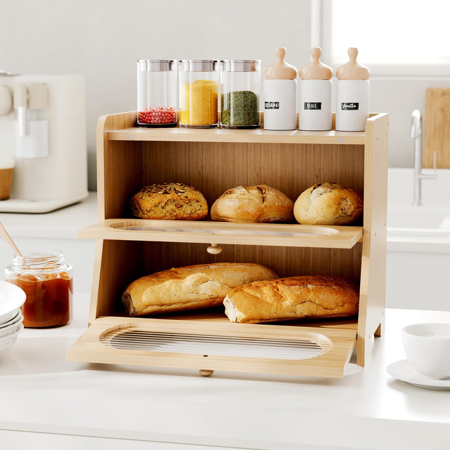 Bread Box,Extra Large 2-Tier Bamboo Bread Box for Kitchen Countertop,Bread Storage Container with Magnetic Acrylic Door