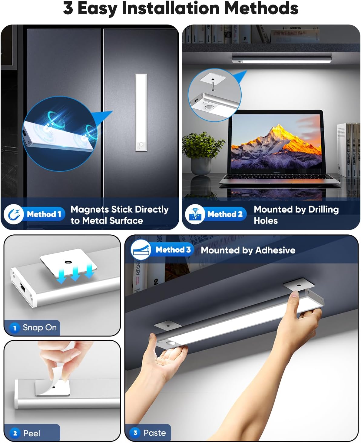 12'' Under Cabinet Lights, LED Rechargeable Battery Operated Motion Sensor Lights Indoor, 2500mAh Magnetic Wireless