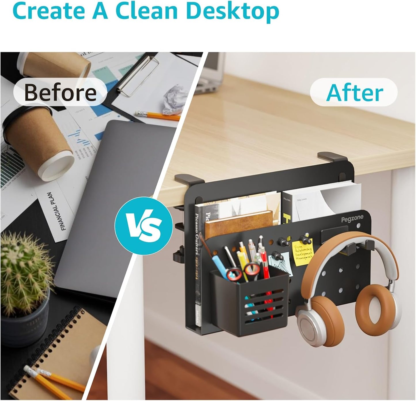 Desk Side Storage Organizer, Fits Flat Edge 0.4" to 2.2", Black | No Drill Under Desk Laptop Holder, Clamp on Desks