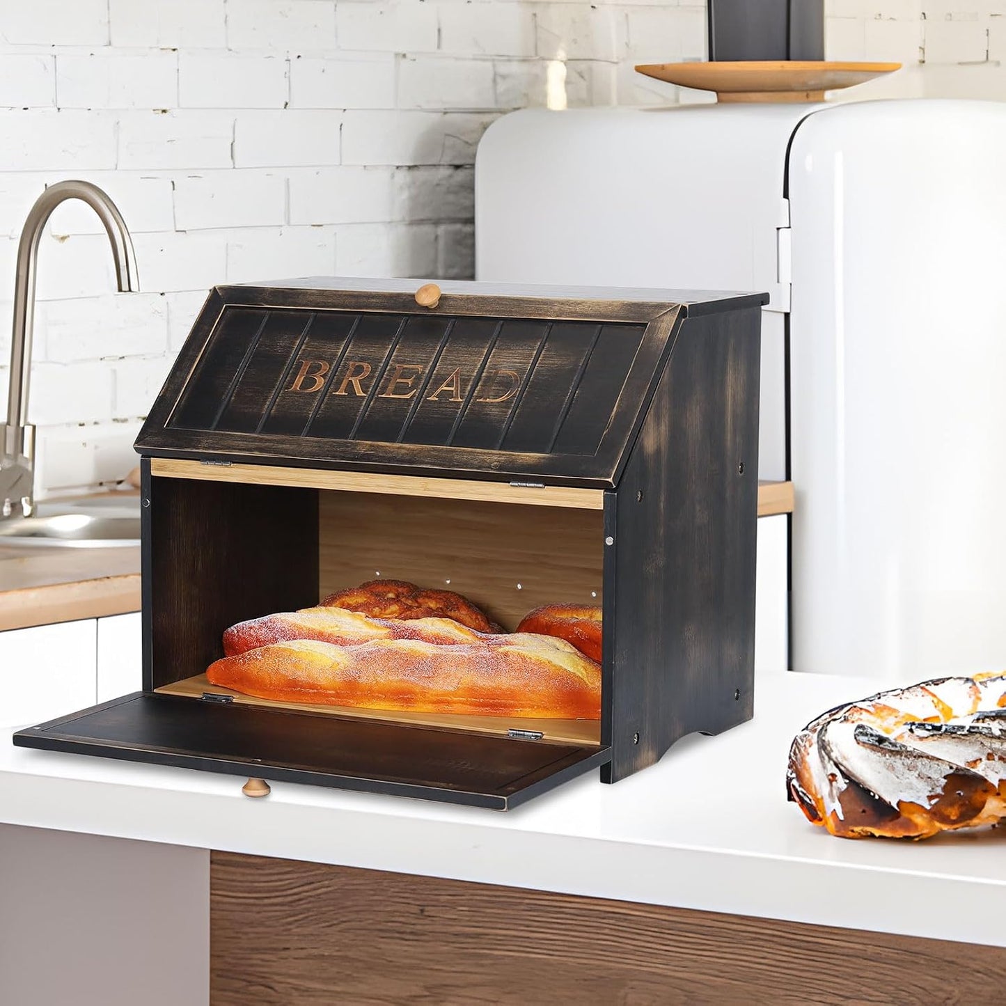 HOMEKOKO Vintage Double Layer Large Bread Box, Wood Bread Storage Bin,Black | Keeps Bread Fresh 3-4 Days, 2-Tier