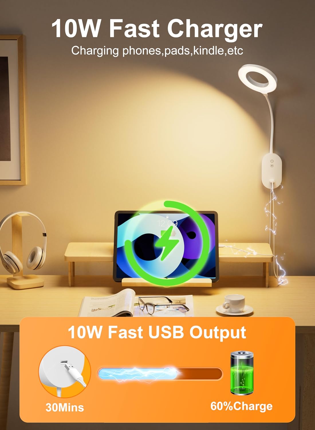 Wall Mounted Reading Light,Bed Headboard Lamp with 10W USB Output Fast, Wall Reading Lamps with 4 Color Modes & 5