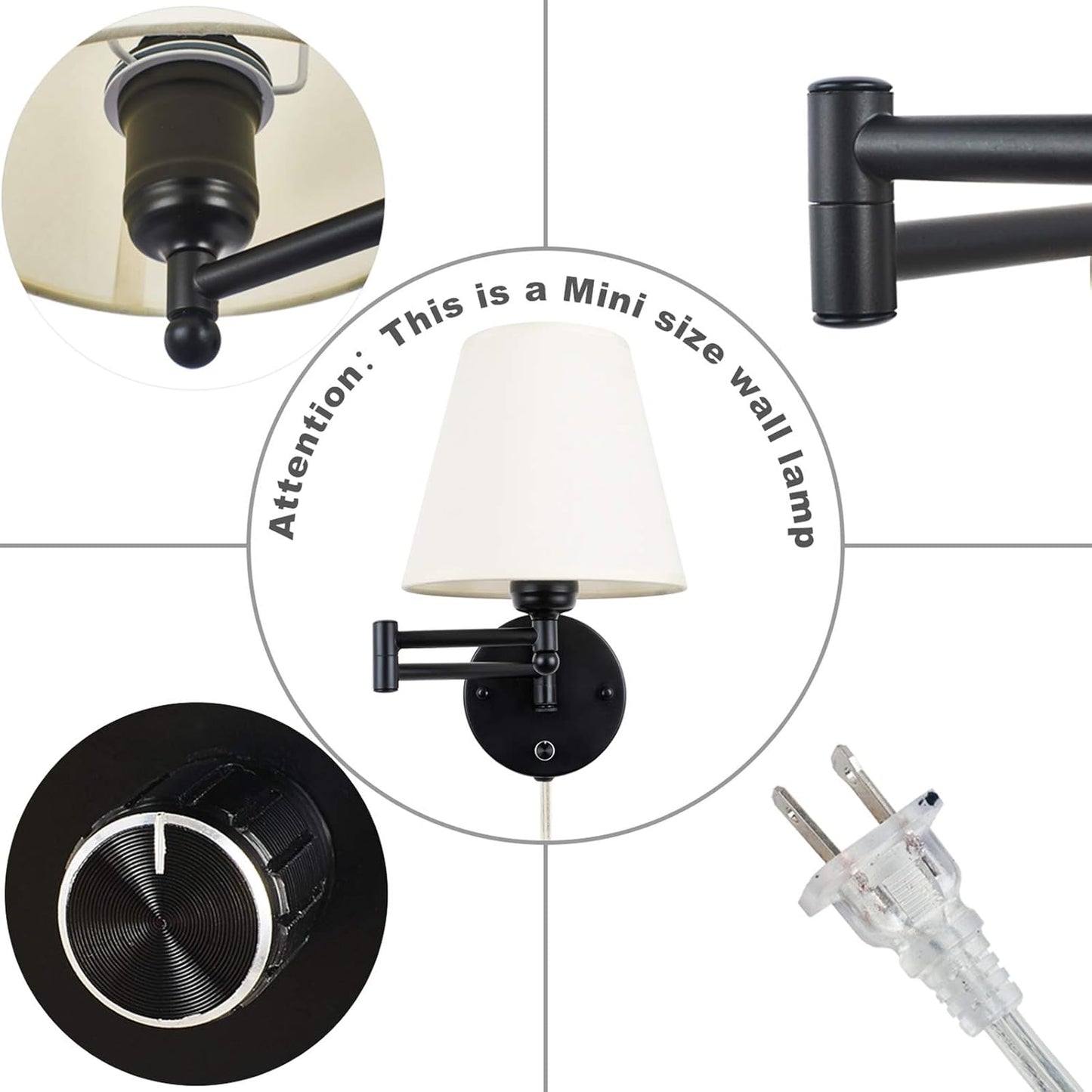 Swing Arm Wall Lamp Plug in Wall Mount Opaque Ivory Linen Shade 40W 2-Way Cord Covers(1 Light)