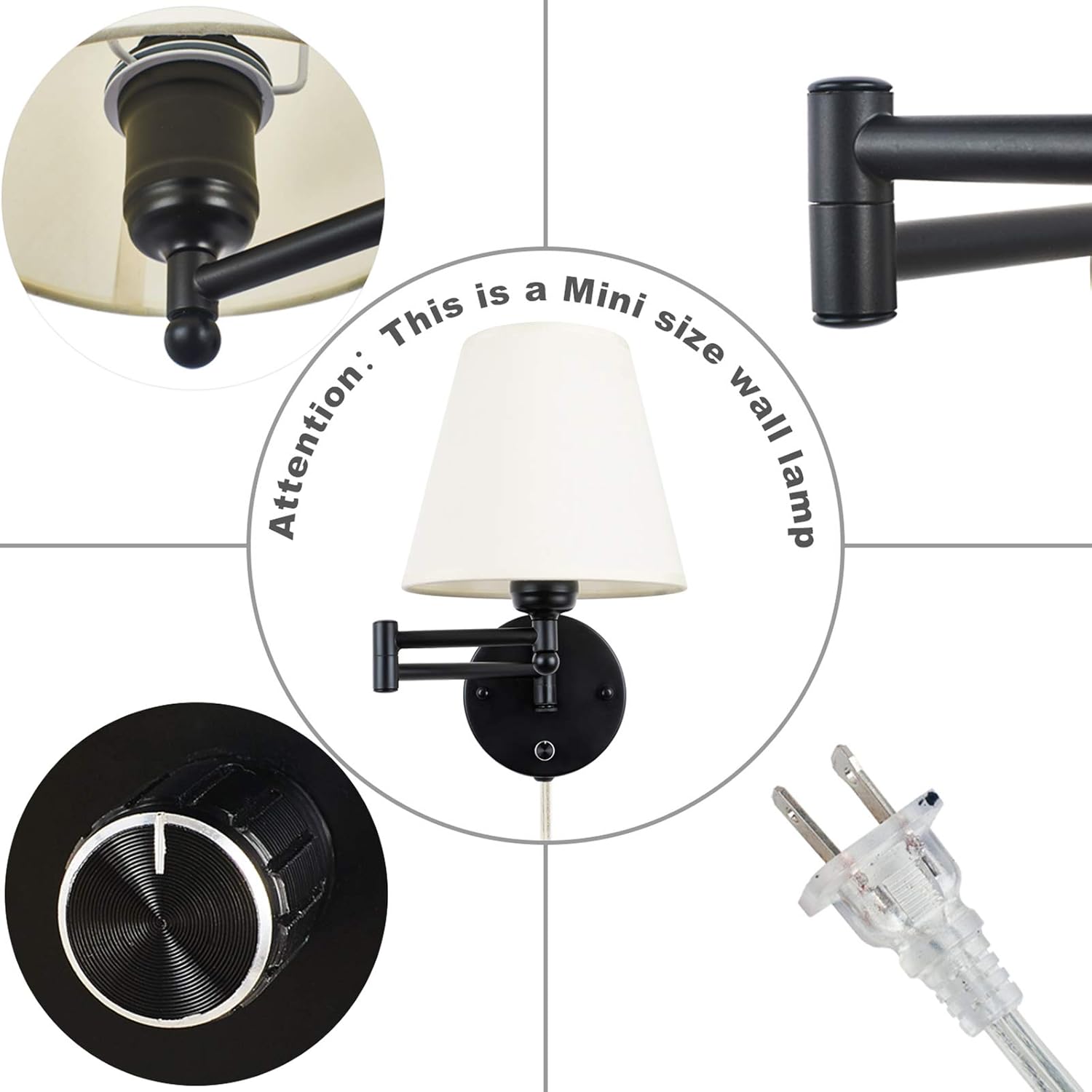 Swing Arm Wall Lamp Plug in Wall Mount Opaque Ivory Linen Shade 40W 2-Way Cord Covers(1 Light)
