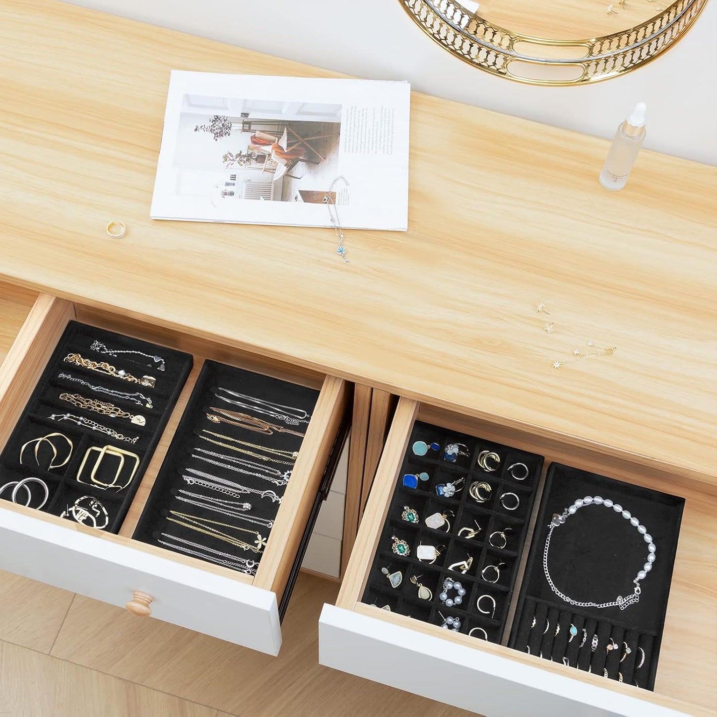 Stackable Jewelry Organizer Trays for Drawers / 4 Layers / Allblack