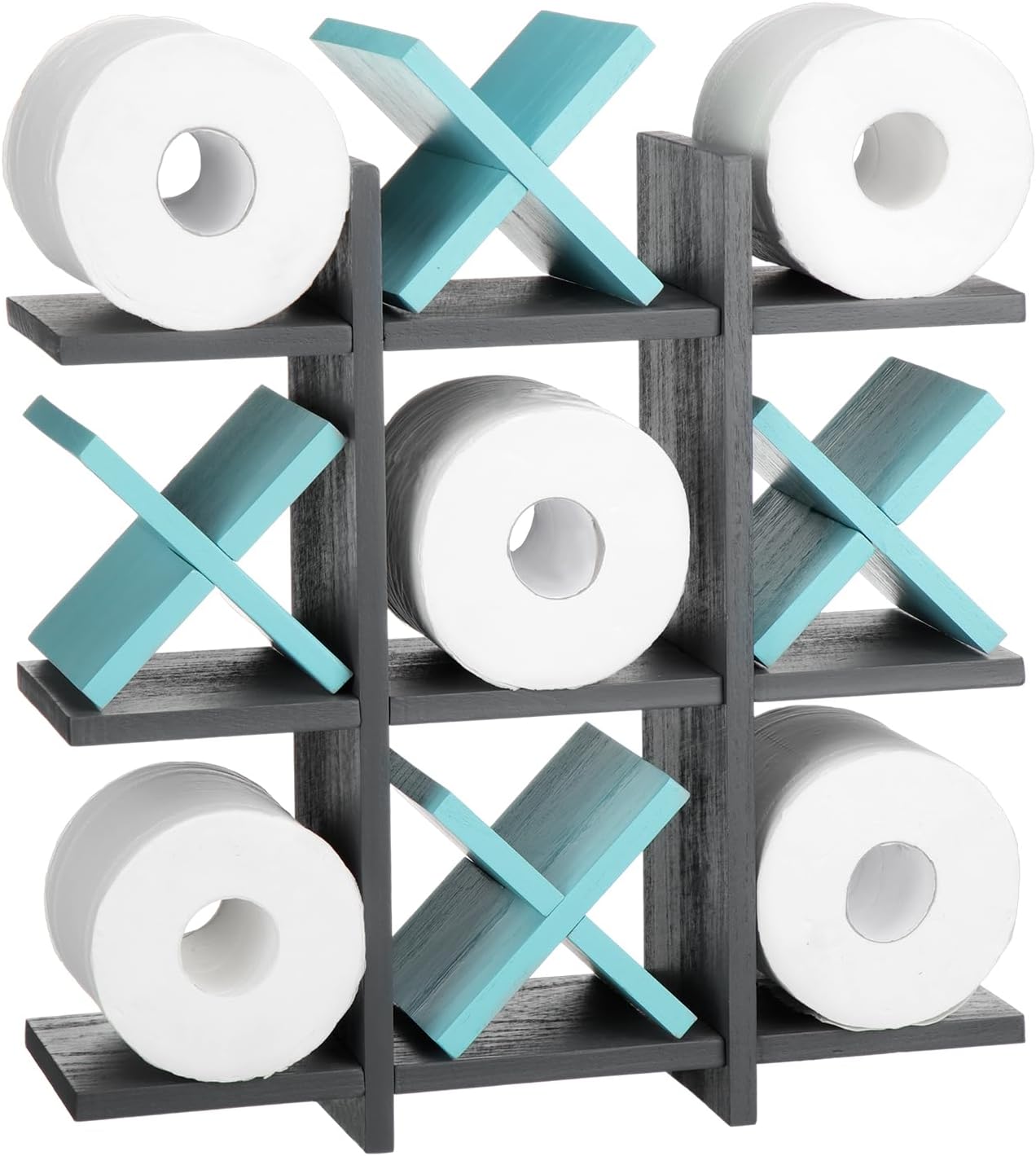 Weysat Tic Tac Toe Toilet Paper Holder,Gray, Light Blue | Farmhouse Bathroom Decor, Freestanding or Wall Mount Storage