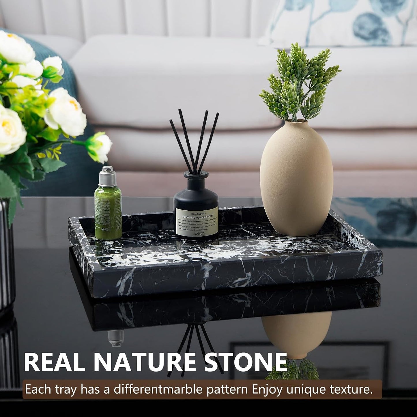 Real Natural Marble Tray / Black / 12 x 8 x 1.2