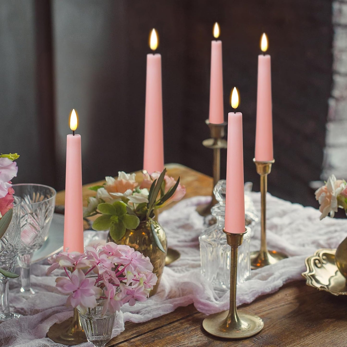 Short Pink Flameless Taper Candles with Remote Set of 6 | Flickering LED Candlesticks, Real Wax Coating, 2 AAA Battery