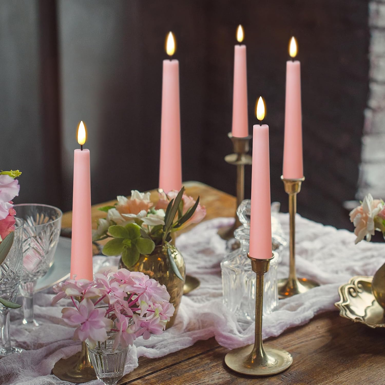 Short Pink Flameless Taper Candles with Remote Set of 6 | Flickering LED Candlesticks, Real Wax Coating, 2 AAA Battery