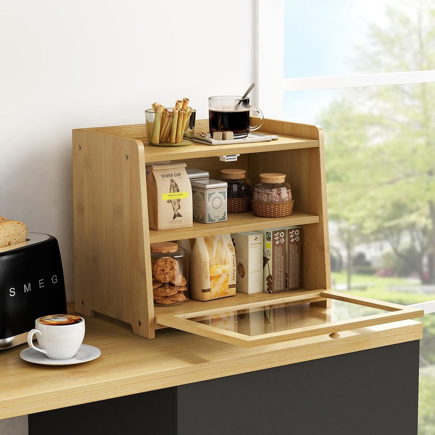 Goozii Bamboo Bread Box for Kitchen Countertop, Wooden Kitchen Counter Organizers and Storage for Bread, Coffee