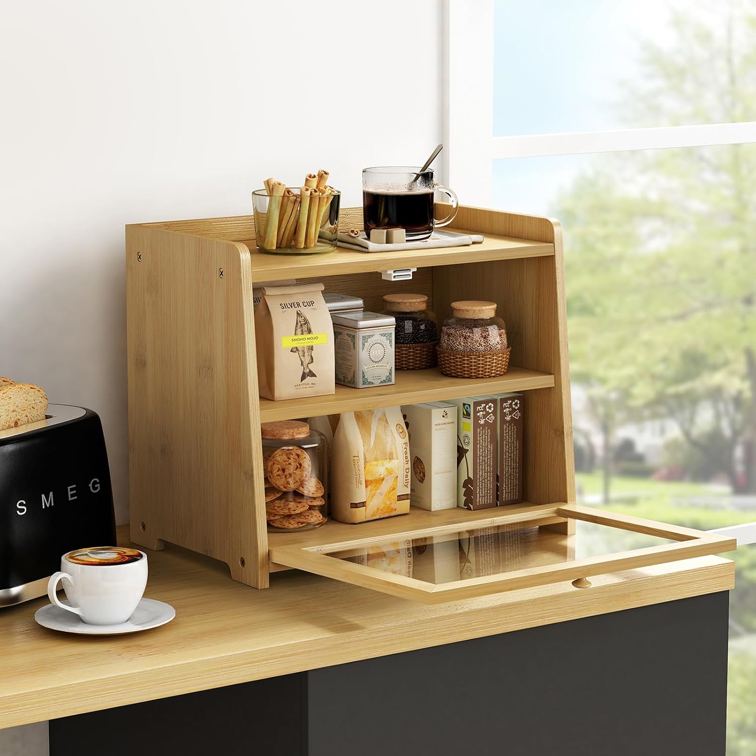 Goozii Bamboo Bread Box for Kitchen Countertop, Wooden Kitchen Counter Organizers and Storage for Bread, Coffee