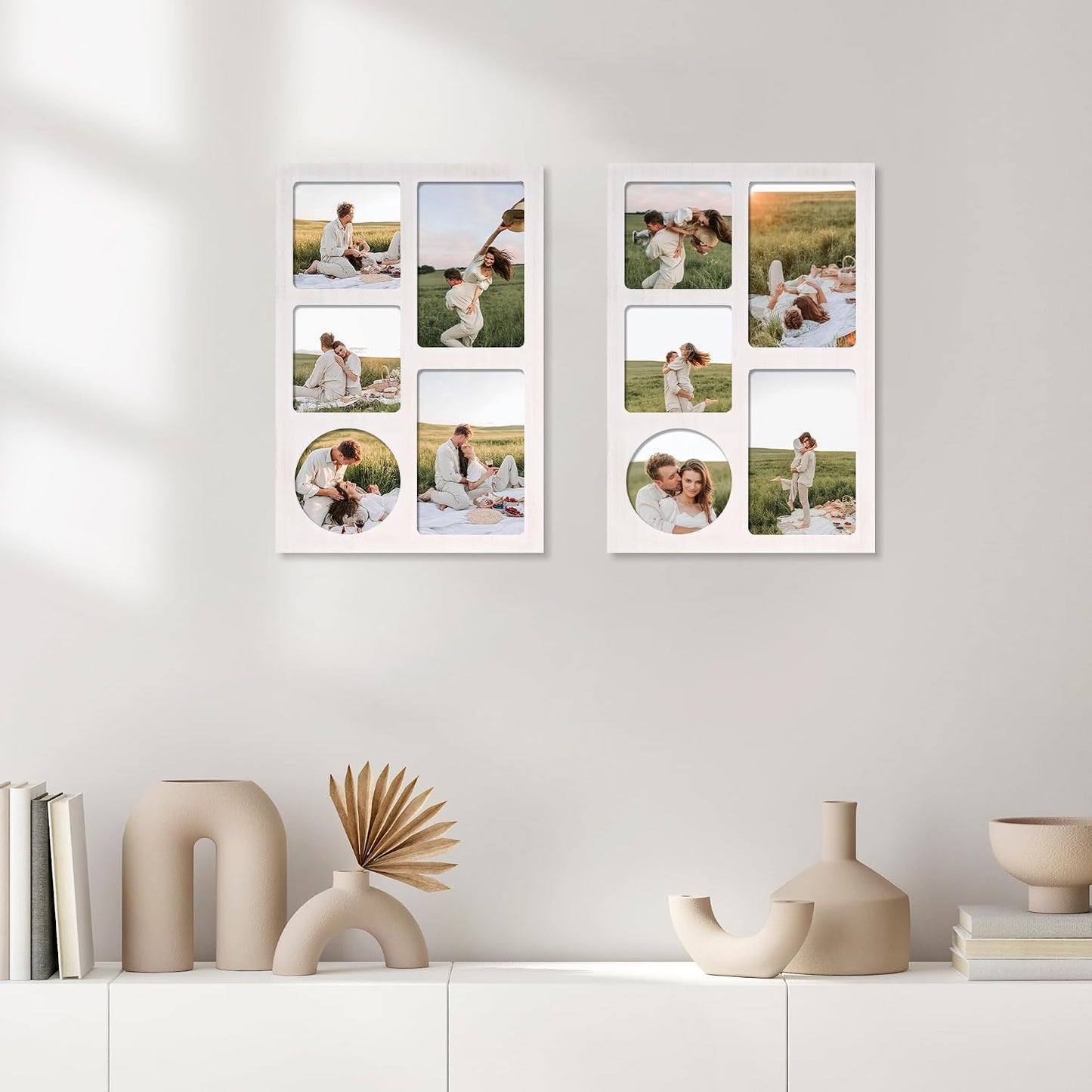 YESKAY 4x6 and 4x4 Collage Picture Frame, Display 5 Openings Photo Frames, Rustic White Wood Frame with Real Glass
