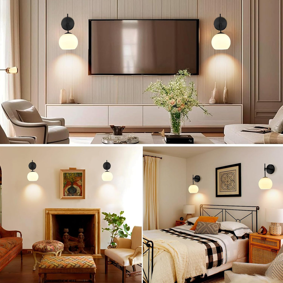 Battery Operated Wall Sconces Set of Two, Rechargeable, Black | Milk Glass Shade, 12 RGB & 3CCT Dimmable, Wireless Wall