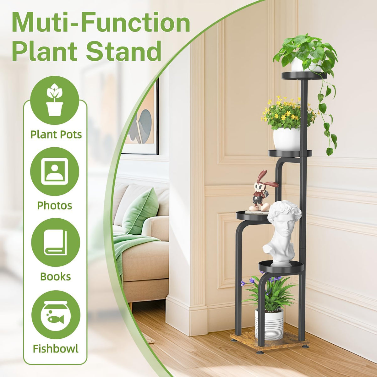 iDavosic.ly Tall Plant Stand Indoor, Corner Tiered Metal Trays, Black Brown | 4 Tier Multiple Flower Holder Shelf