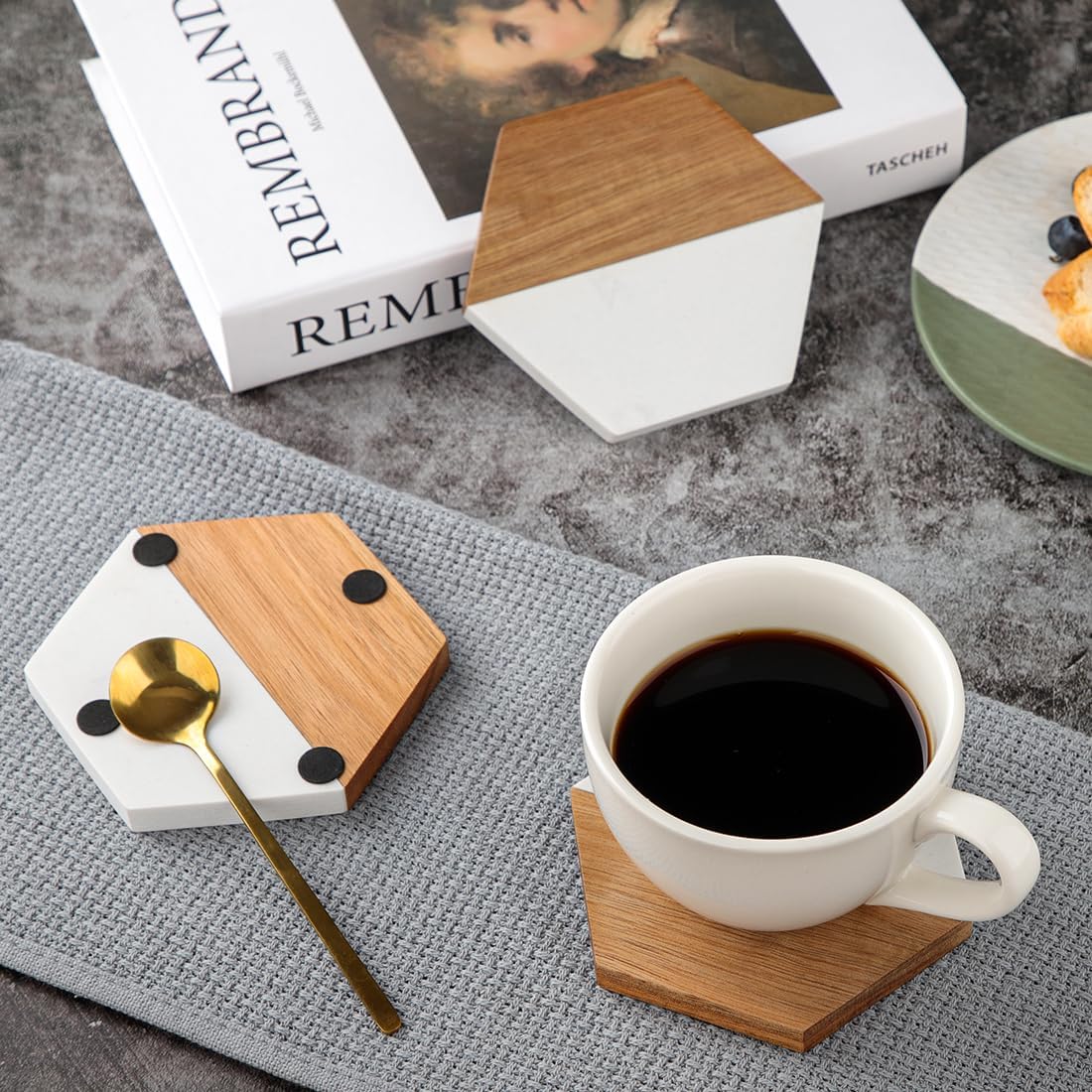 Modern Rustic Acacia Hexagon Coaster Set Decorative Bar Coaster / Hexagon White Marble + Wood