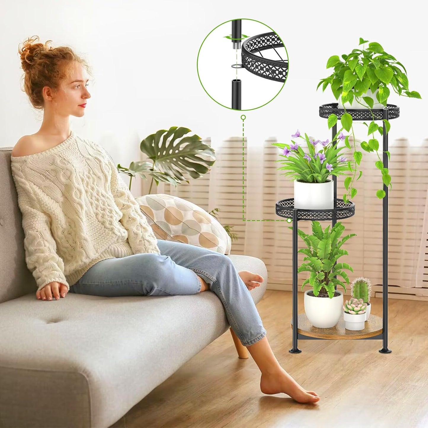 Oppro 3 Tier Plant Stand Indoor Outdoor, 10in Wide Metal Flower Shelf | Large Round Pot Holder for Multiple Plants