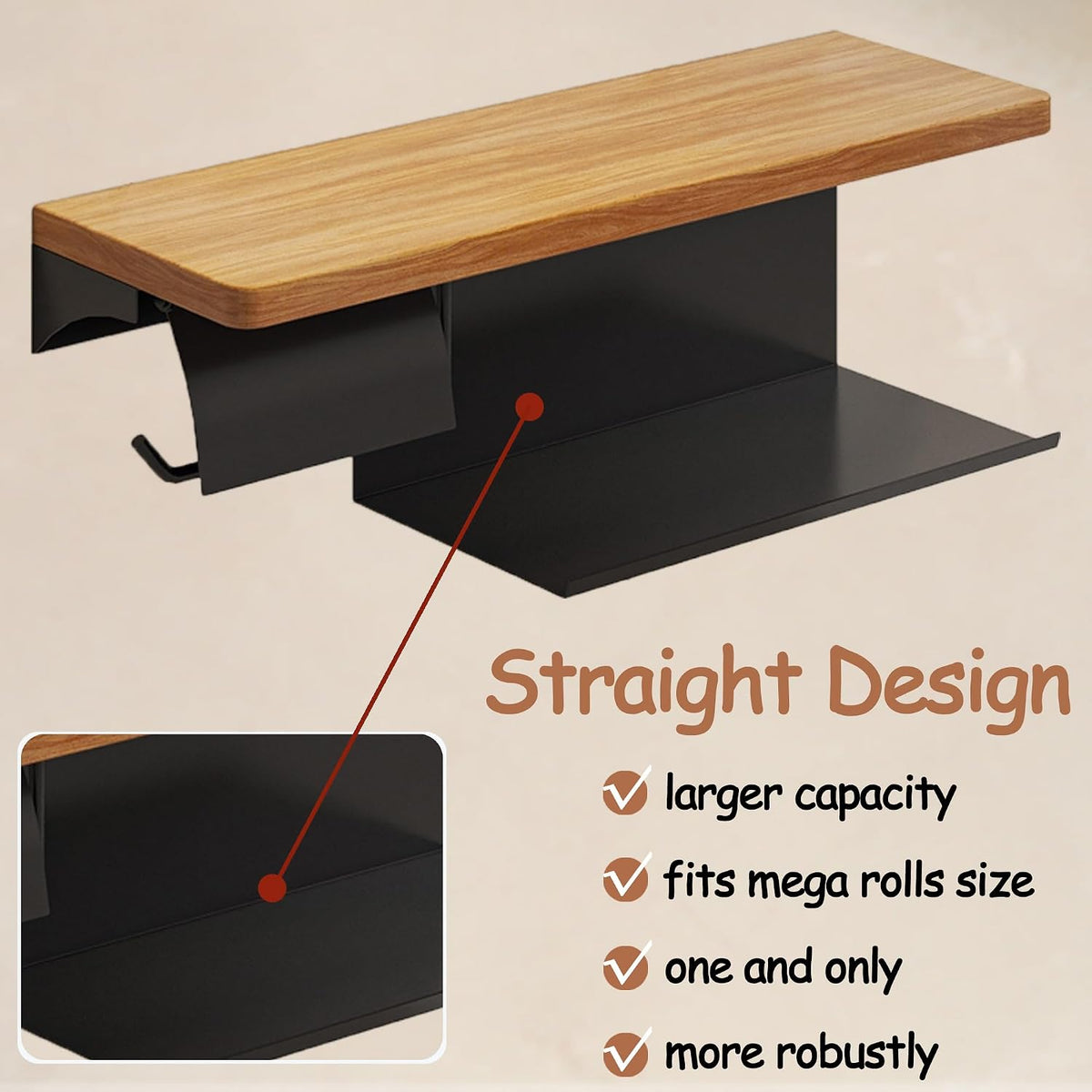 Double Toilet Paper Holder with Wide Solid Wood Shelf | 16" x 5.31" Double Roll Holder Fits Phone & Large Wipes Storage