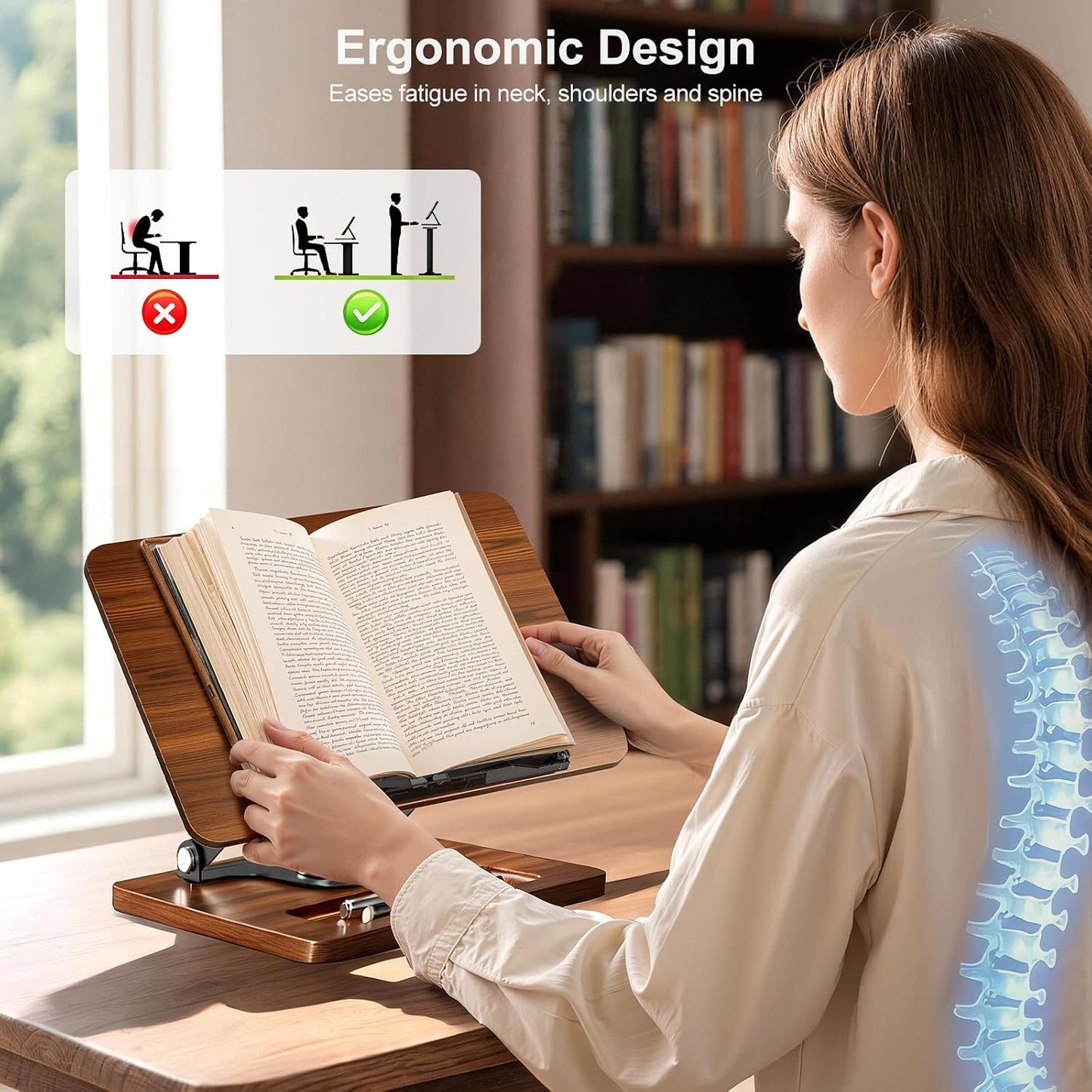 OPTIXCELL Book Stand for Reading, 360° Rotating Book Holder, Page Clips | Hands Free, Built-in Storage Tray, Adjustable