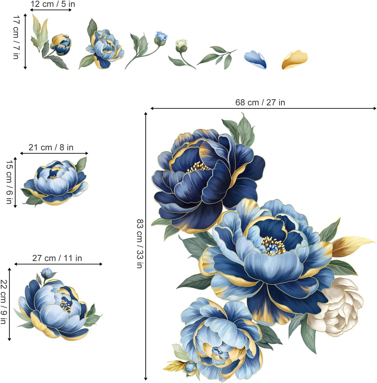 Large Flower Wall Stickers Gold Leaves Penoy Floral Wall Decals Bedroom Living Room Sofa TV / Blue