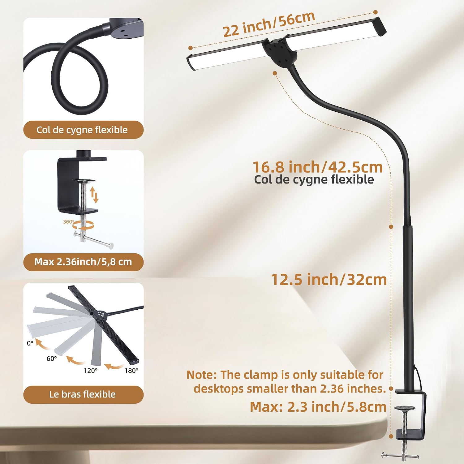 Motumen Led Desk Lamp for Home Office, Eye-Care Desk Light Clamp, Black | Smart Double Head Computer Monitor Table Clip