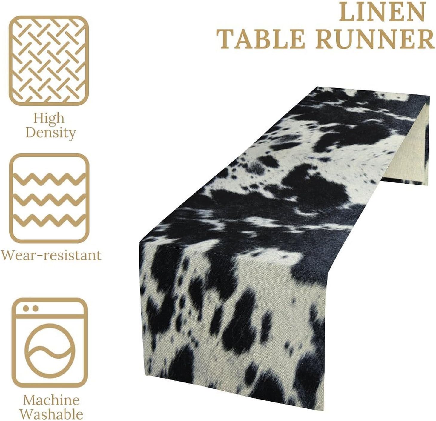 Cow Print Table Runner - Black White Cowhide Western Style Country Farmhouse Patterns Printed Linen for Home Kitchen