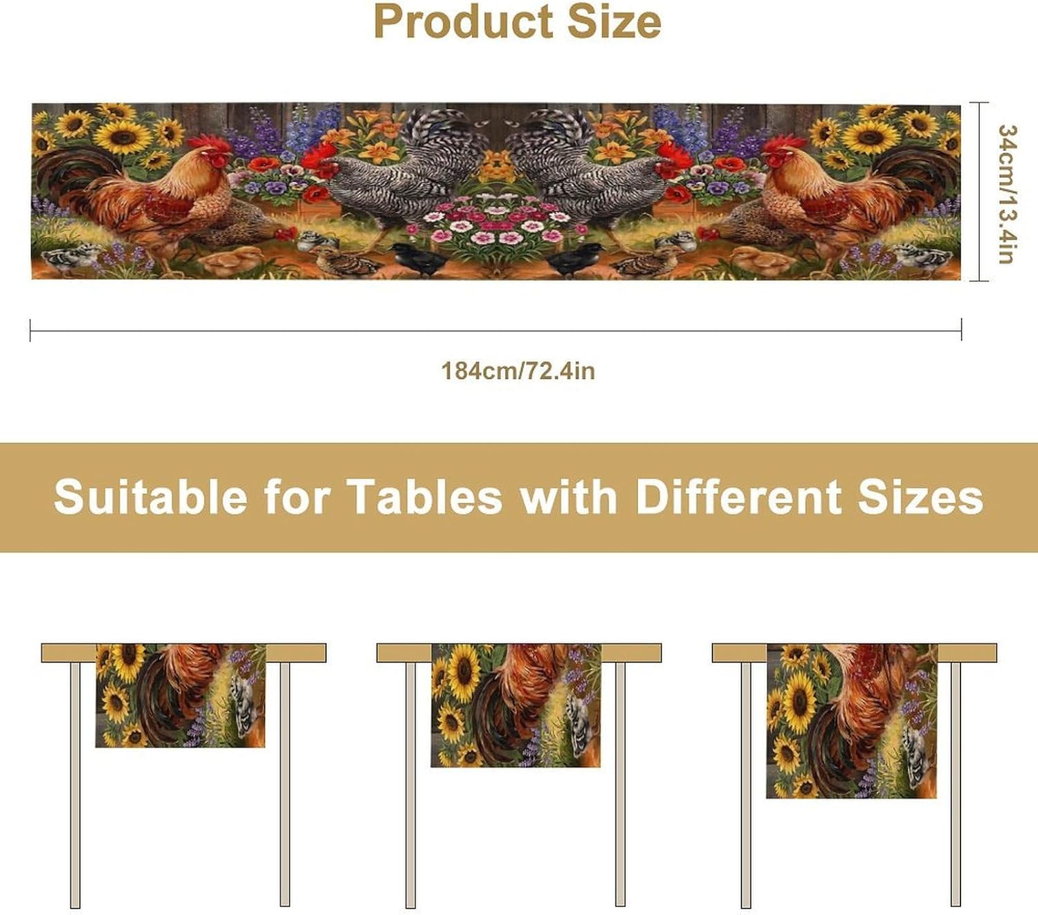 Rooster Table Runner Farm Watercolor Painting Sunflower and Chicken Pattern Printed Linen Table Runner for Home Kitchen