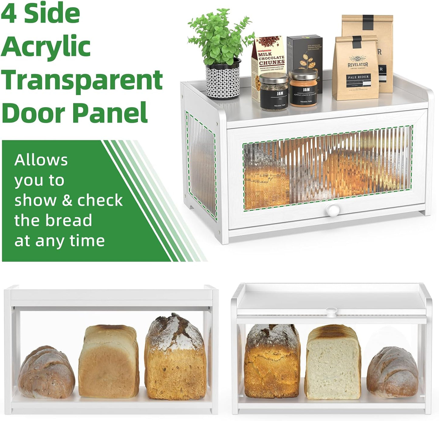BAMBANG Bamboo Bread Box for Kitchen Countertop, Extra Large Farmhouse Bread Box with 4-Side Clear Panels, Wooden Bread