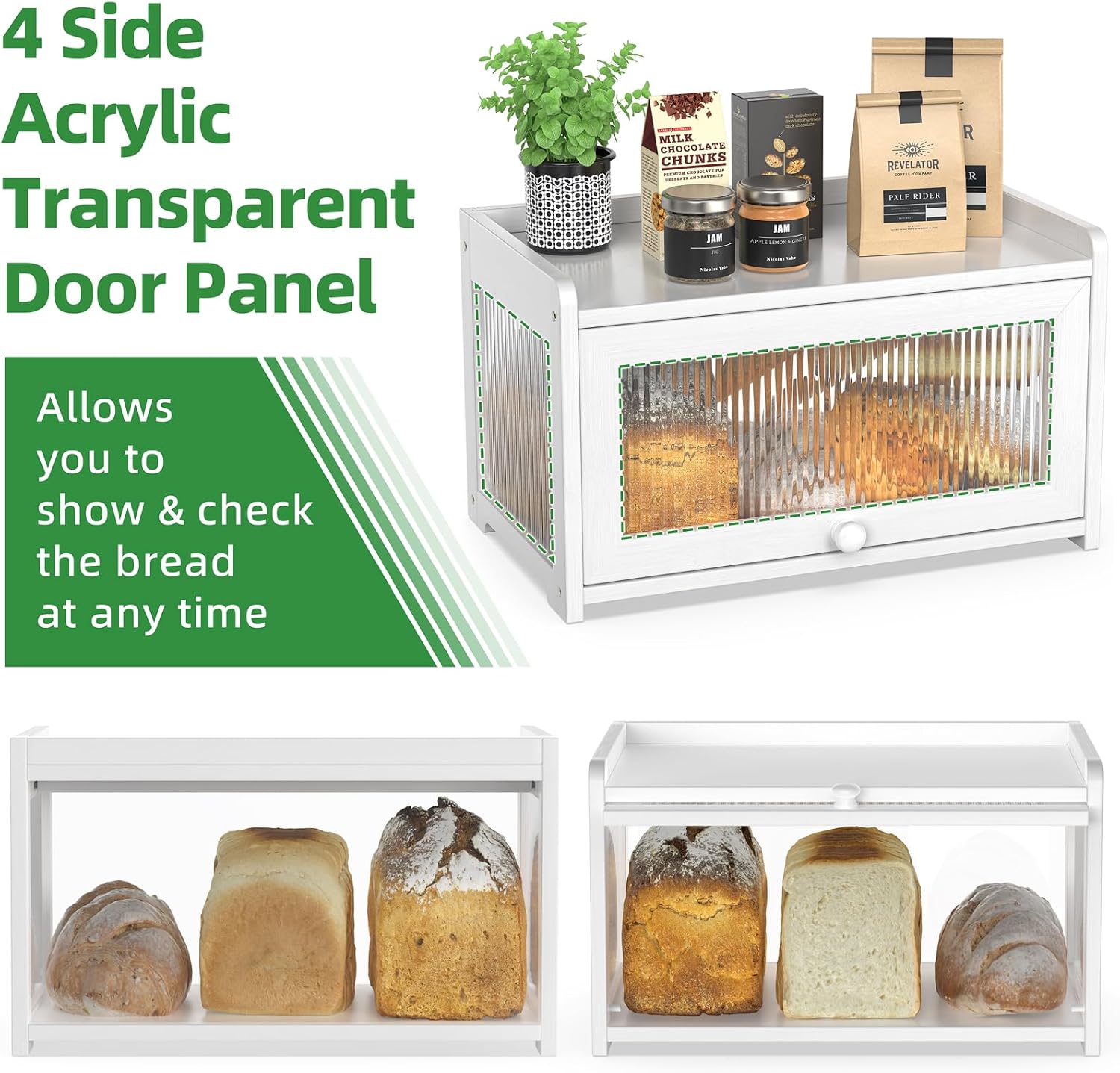 BAMBANG Bamboo Bread Box for Kitchen Countertop, Extra Large Farmhouse Bread Box with 4-Side Clear Panels, Wooden Bread