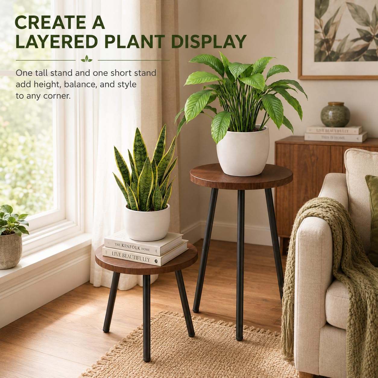 2 Pack Indoor Plant Stand: Round Plant Stand Indoor Small Plant Table | with Metal Legs - Indoor Plant Stands for