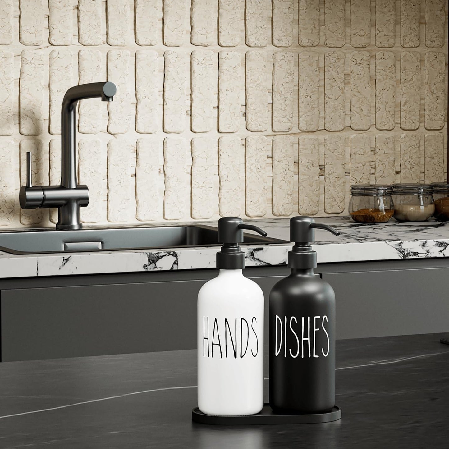 MOMEEMO Kitchen Soap Dispenser Set, Black & White | Contains Dish and Hand Soap Dispenser, Suitable for Farmhouse