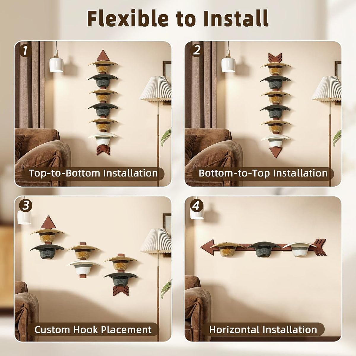 Cowboy Hat Holder for Wall 6PK Arrow Solid Wood with Metal Western Hat Rack | Wall Decor Hat Organizer Hanger Storage