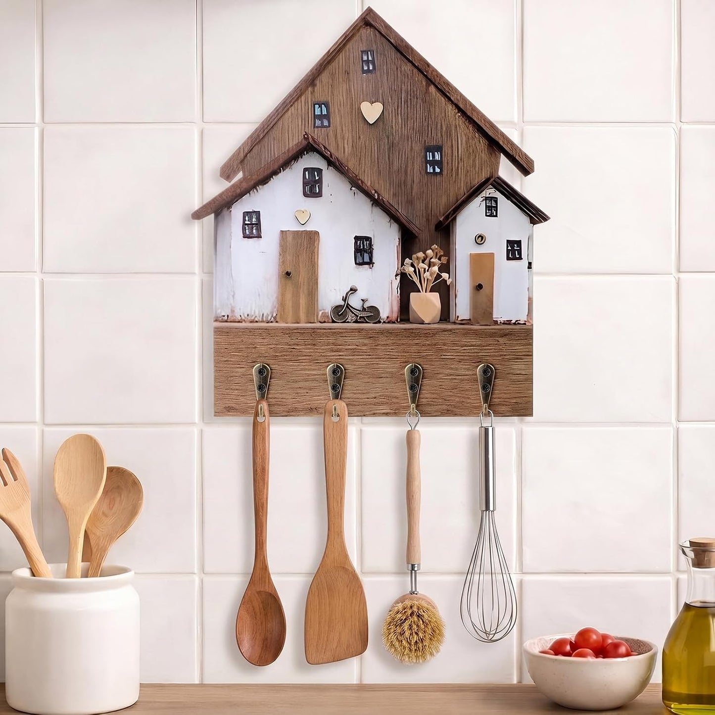 Wooden Key Holder / Key Hanger Purse Organizer Decorative Wall Hooks House Shaped Boho Decorative