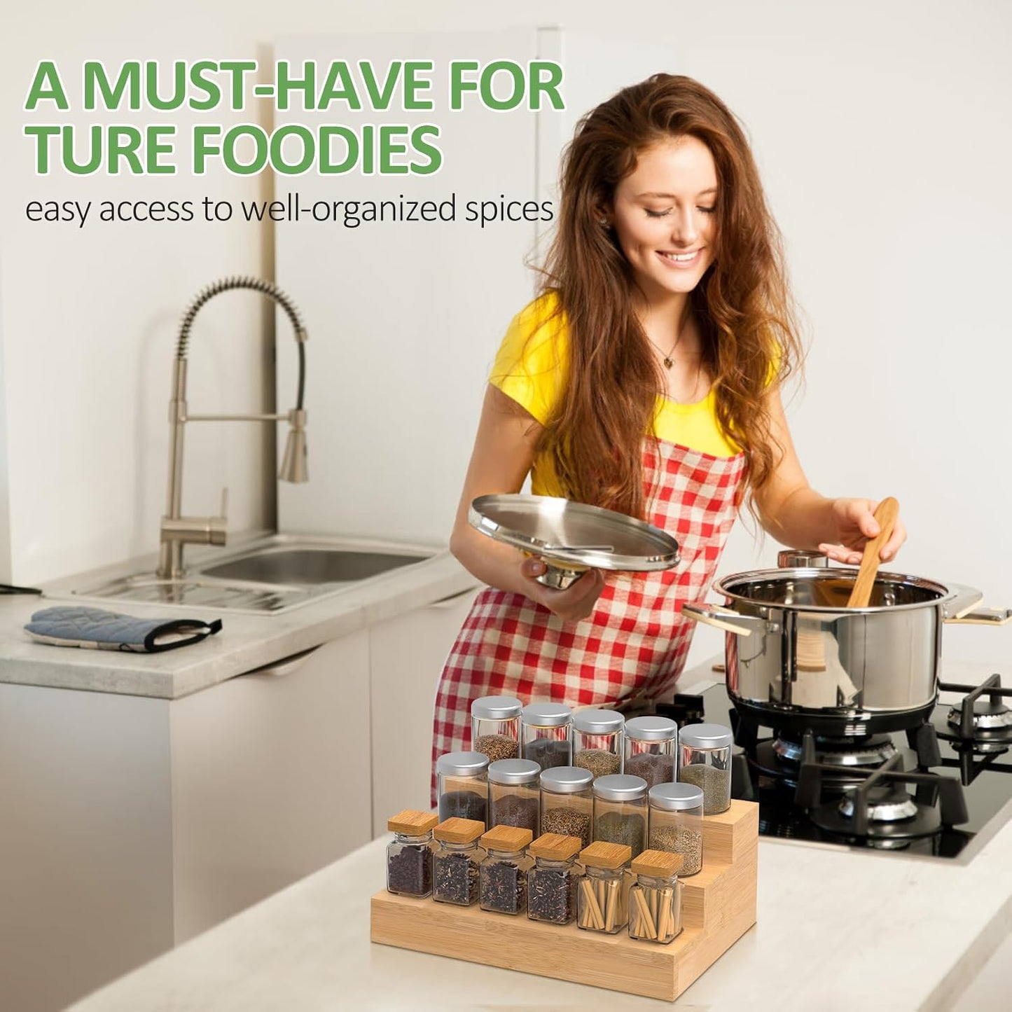 2 Pack Bamboo Spice Rack Organizer for Kitchen Counter, 3 Tier Spice Shelf | 3 Tier Countertop Step Shelf, Seasoning