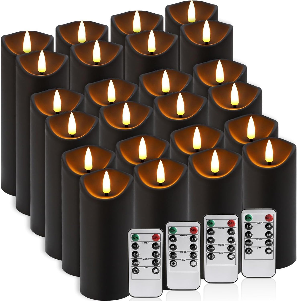 24 Pack Black Halloween Decoration Flickering Flameless Candles(D2.2 xH 5" 6" 7"), Battery Operated LED Pillar Candles