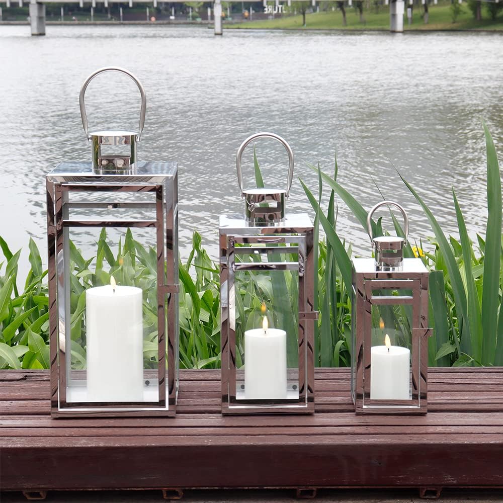 TRIROCKS Stainless Steel Lantern Set of 3, 19/15/12" Tall Metal Hanging Lanterns with Tempered Glass Panels, Indoor &