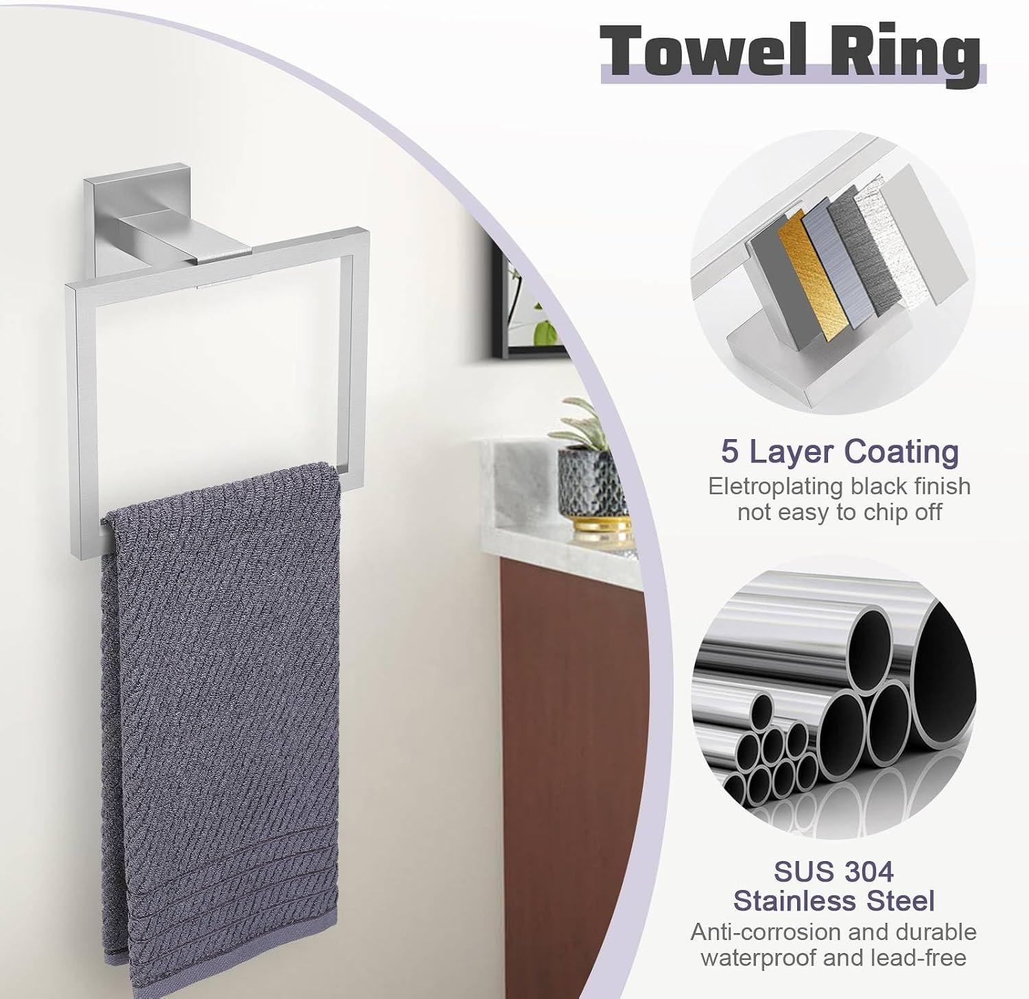Brushed Nickel Towel Bar Set,5-Piece Bathroom Hardware Set Includes Upgraded Double Base Paper Towel Holder Modern