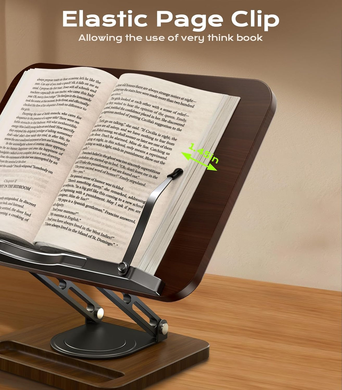 LOXP Ergonomic Book Stand for Reading, 360° Rotating Holder with Page Clip | Adjustable height angle, Storage Base