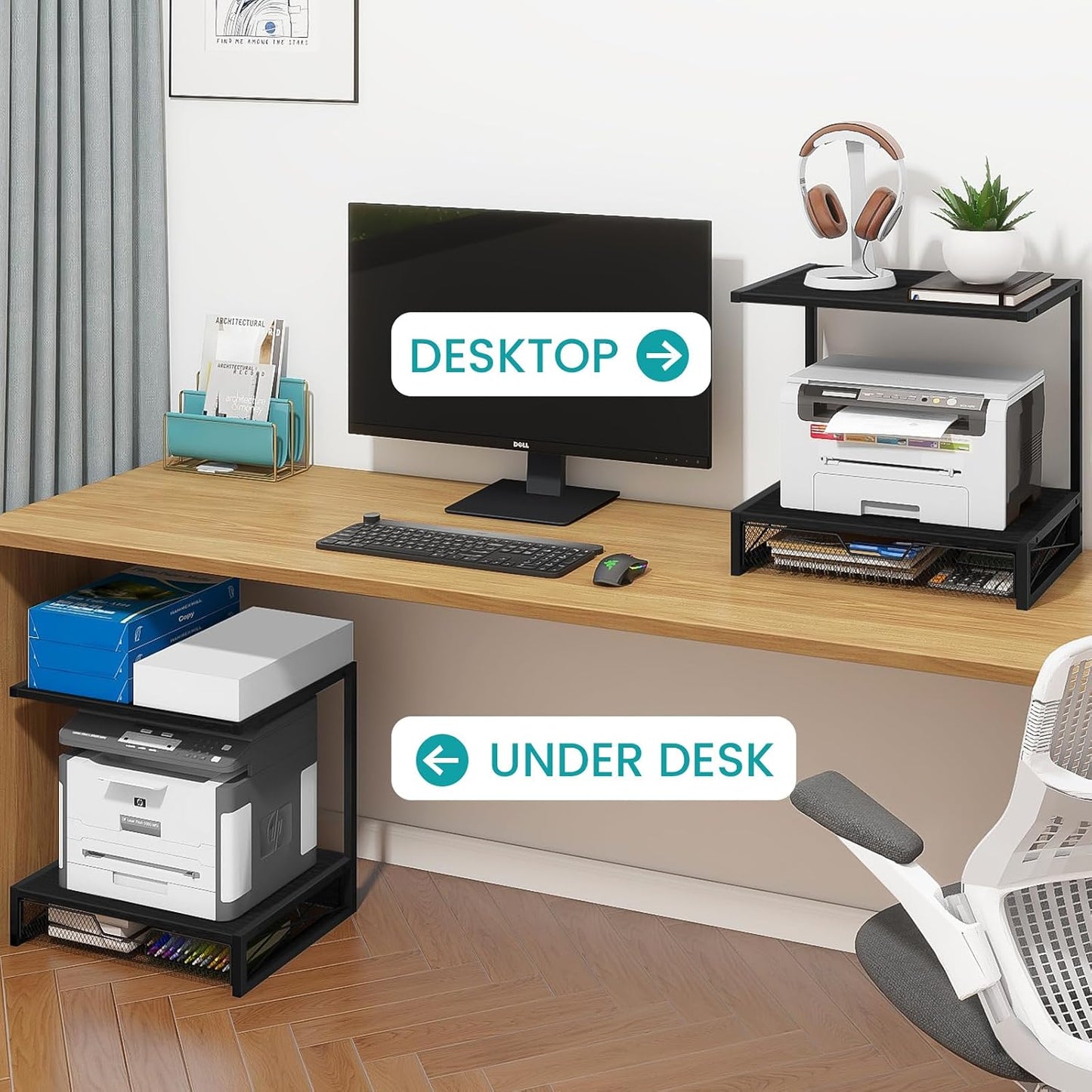 ELITEROO 2-Tier Printer Shelf with Drawers, Wooden Desk Shelf for Printer | Small Printers Shelf for Office Supplies