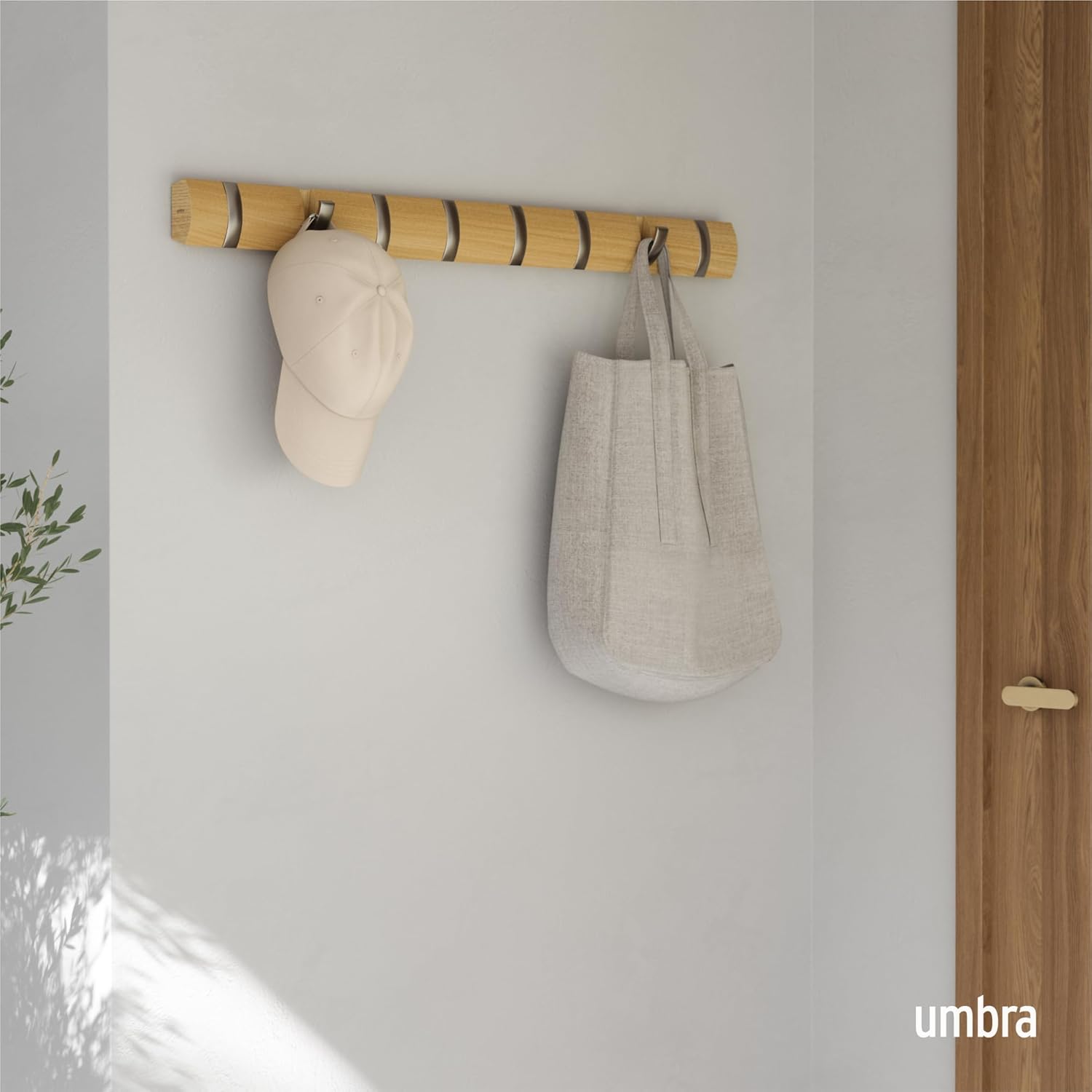 Umbra Flip Coat Rack, Wall Mount 8-Hook, Space Saving, Natural/Nickel | Real wood and steel build, retractable hooks