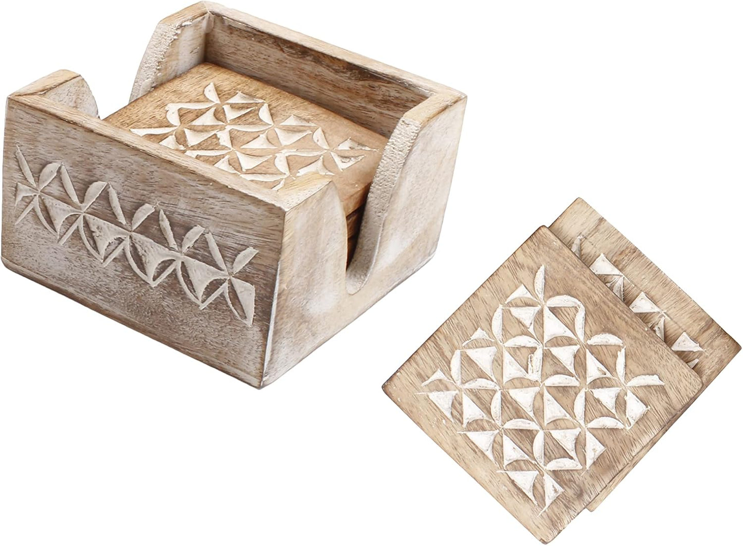 Holder Stand / Wooden Whitewash Coasters / Design4 / White / Set of 6