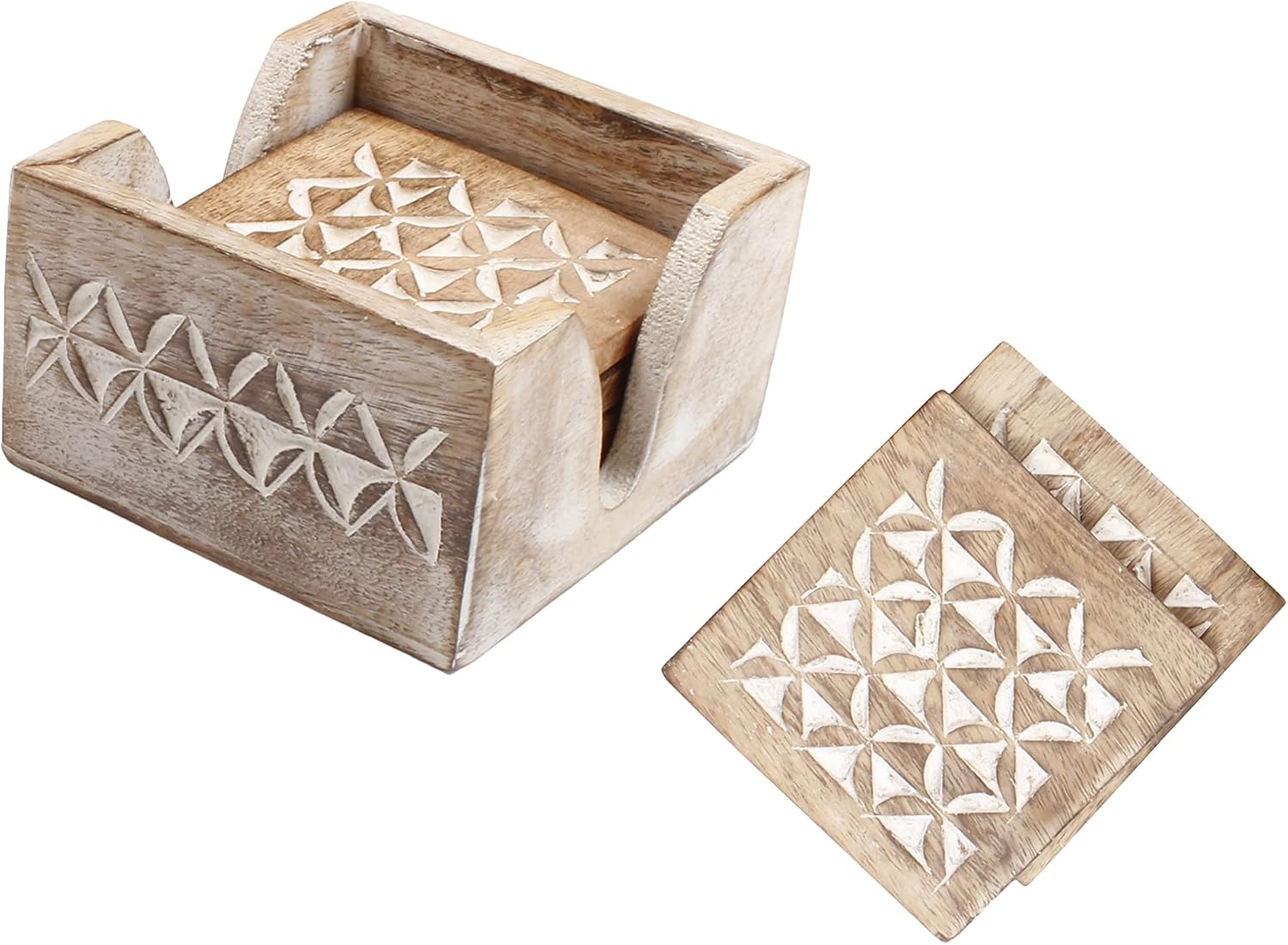 Holder Stand / Wooden Whitewash Coasters / Design4 / White / Set of 6