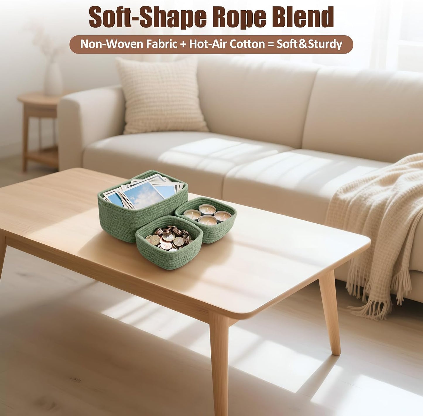 Small Woven Rope Storage Baskets / Green / 11.81*7.48*4.72'' & 5.91*5.91*2.56 / Set of 5
