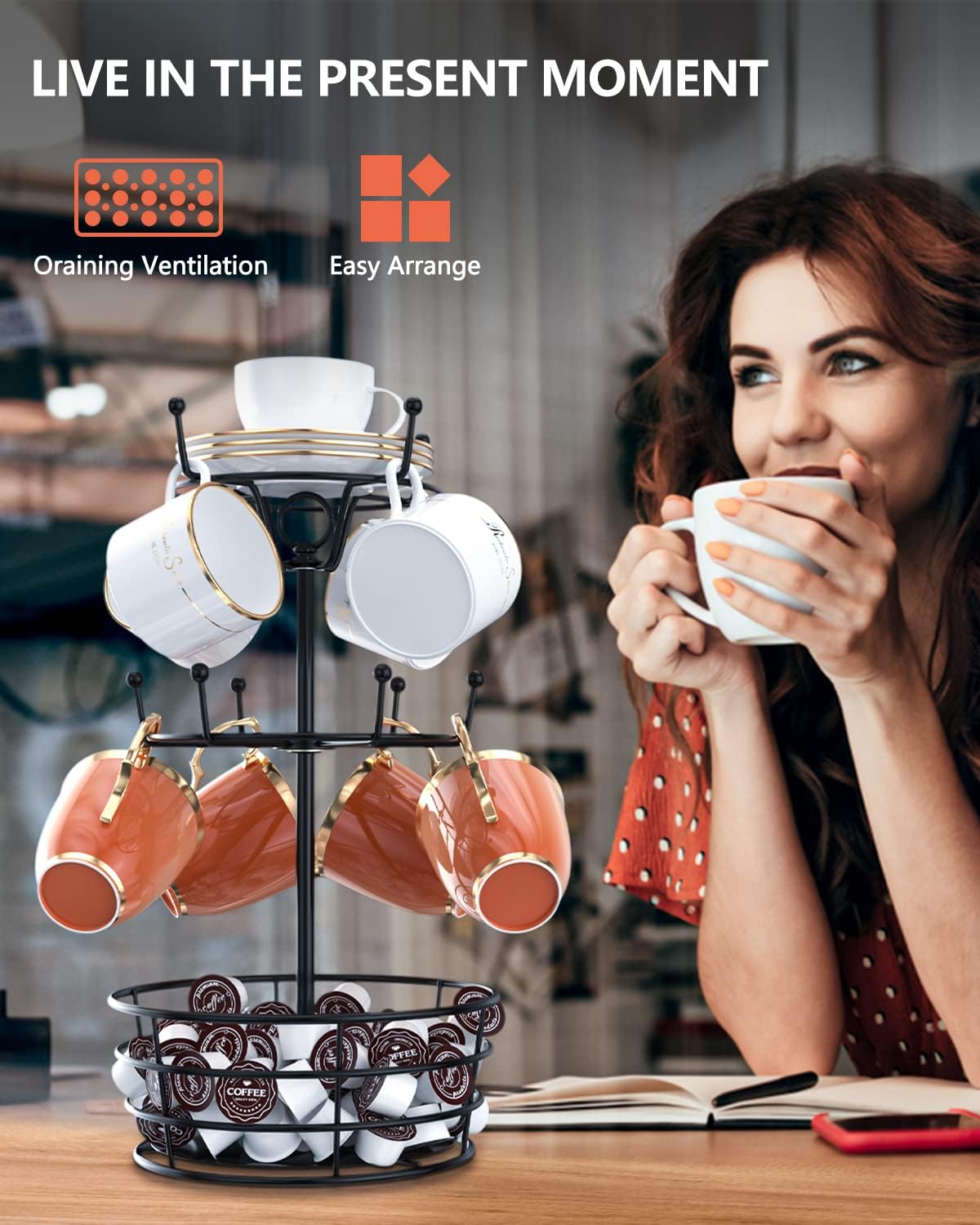 360° Rotating Coffee Mug Holder Tree | 3-Tier Metal Cup Rack with 10 Hooks, Coffee Bar Organizer Decor for Kitchen