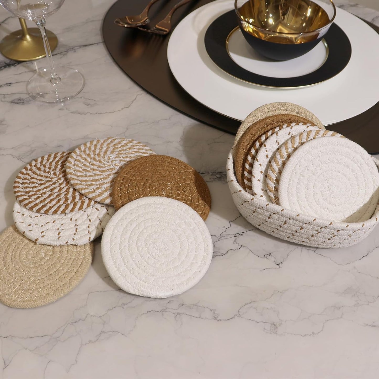 Holder / Cotton Woven Absorbent Coasters for Drinks Beer Coffee / Set of 12