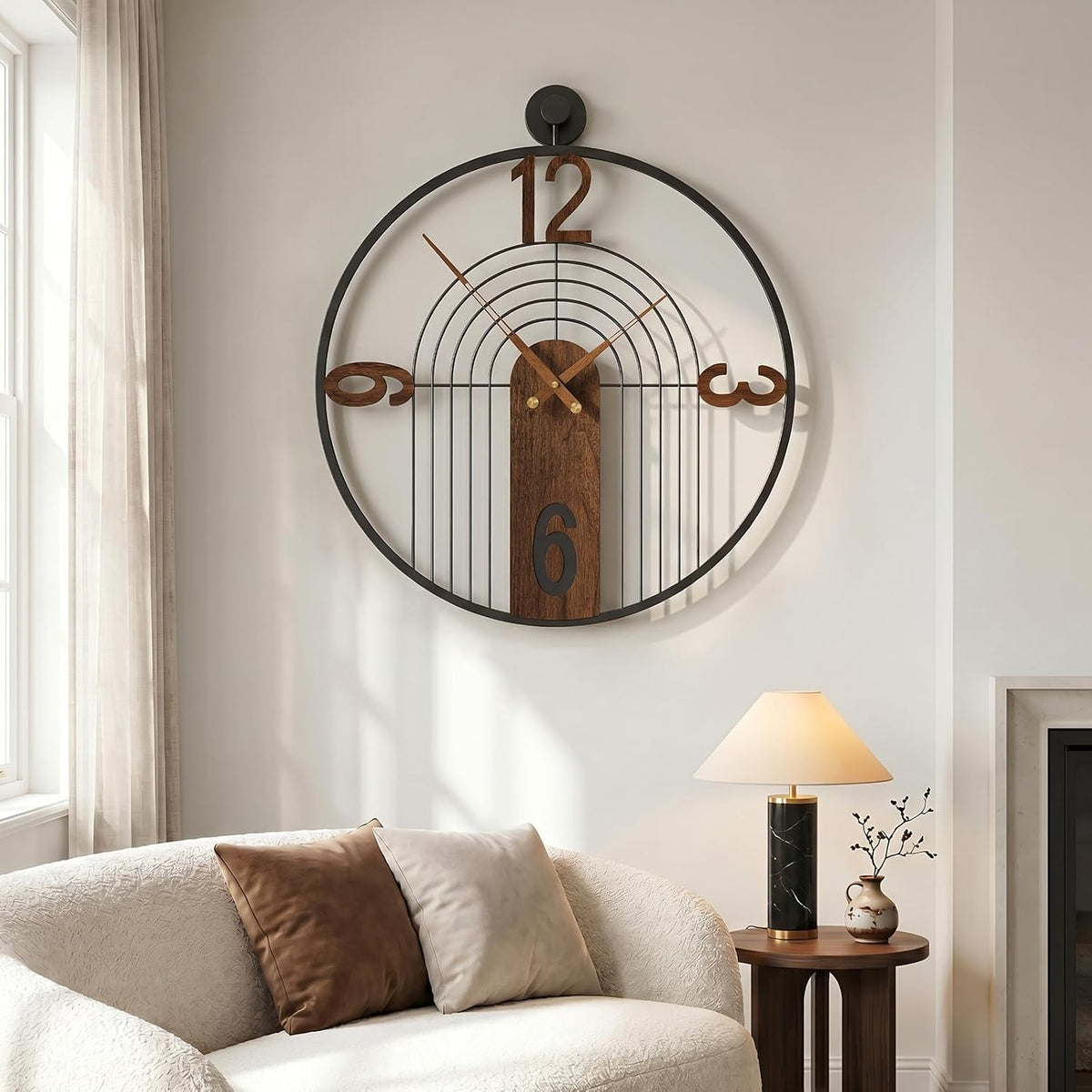 Cuspin 30 Inch Large Wall Clock Modern Black Metal Clock with Walnut Dial | Battery operated, Silent non ticking