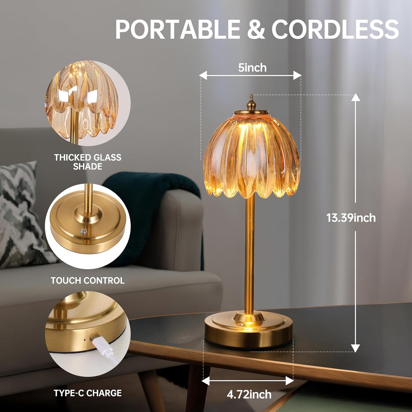 Shenmoyl Set of 2 Tulip Table Lamp with 5000mAh Battery & Touch Control, Cordless Table Lamp with 3 Colors, Dimmable