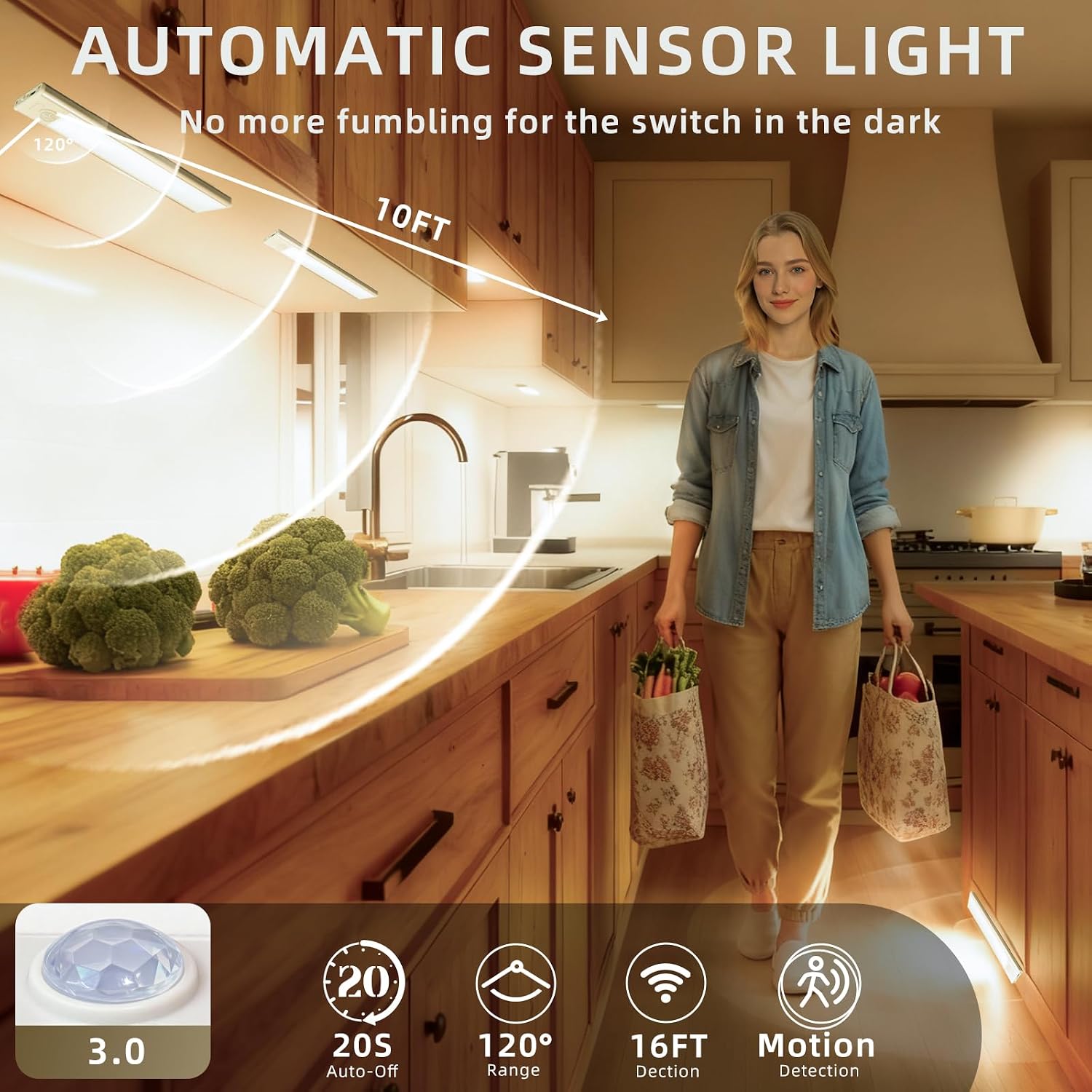 16inch Under Cabinet Lighting, 4 Pack Rechargeable Motion Sensor Light Indoor, Wireless Dimmable Magnetic Closet