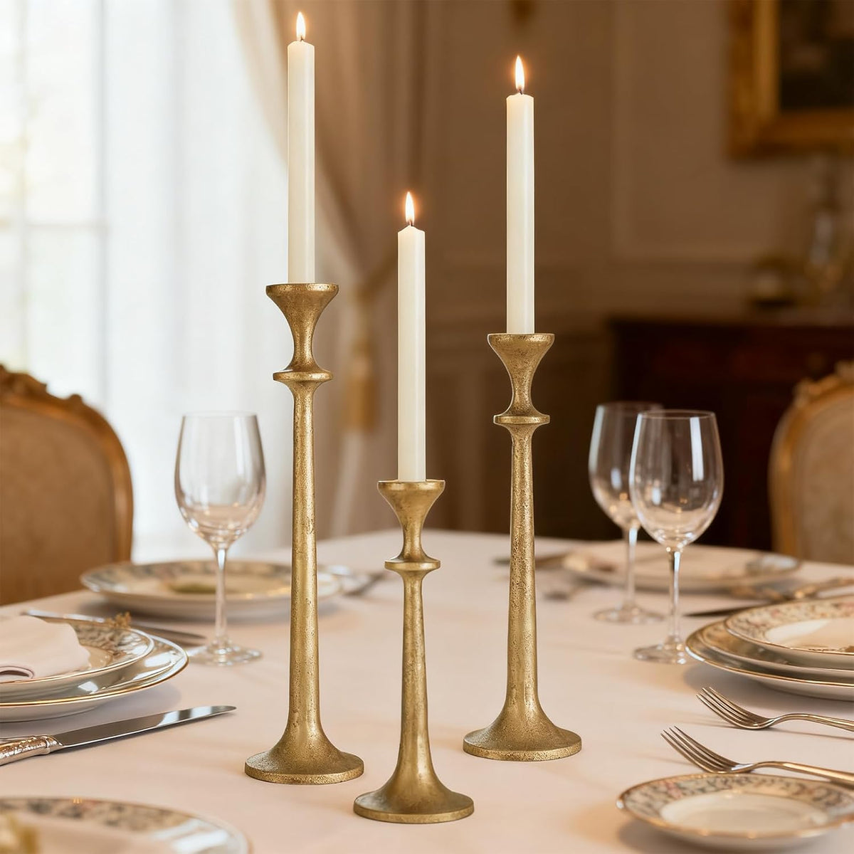 Gold Taper Candle Holders Set of 3 Heavy Cast Iron Antique Brass Candlestick Holder for Table Centerpiece Vintage