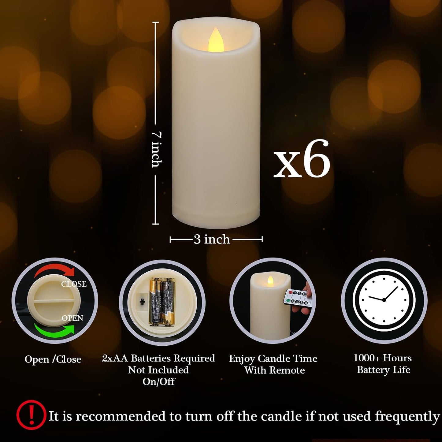 6 Pack 3"x7" Outdoor Waterproof Flameless Candles with Remote and Timer, Battery Operated Flickering LED Pillar Candles