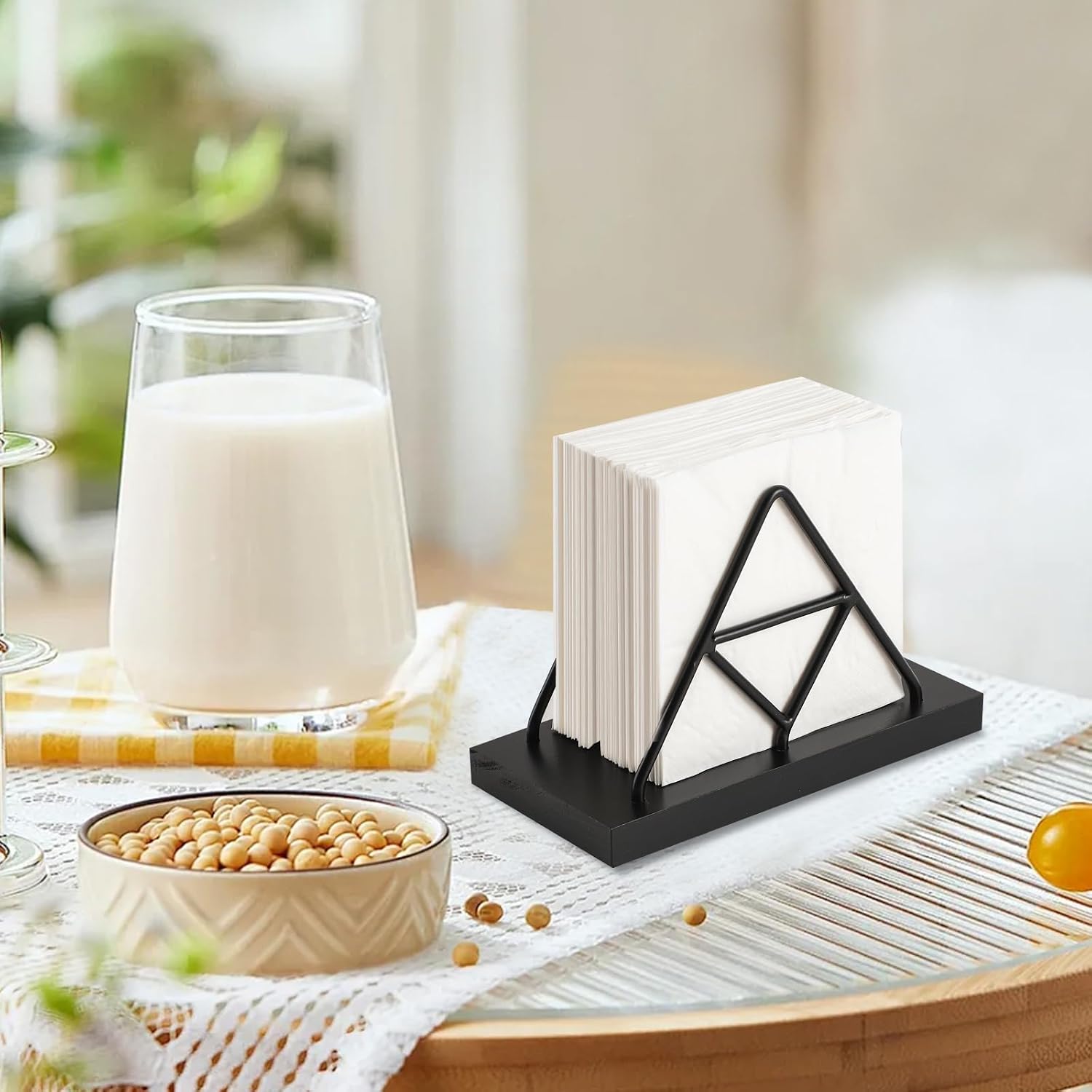 Metal Wire Triangle Shape & Wooden Paper Towel Holder / Black